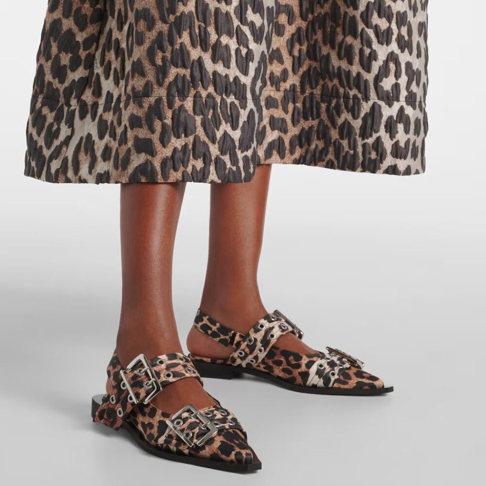 GANNI Leopard Satin Feminine Buckle Ballerinas Shoes Sz EU37/US7